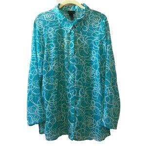 Citiknits Women's Sz L Aqua Button Down Blouse Top Sheer Chiffon Poly QVC NEW
